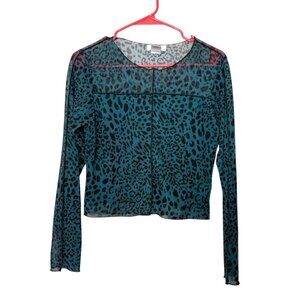 Kirious Los Angeles‎ Leopard Print Long Sleeve Top Sheer Dark Teal Green Women L